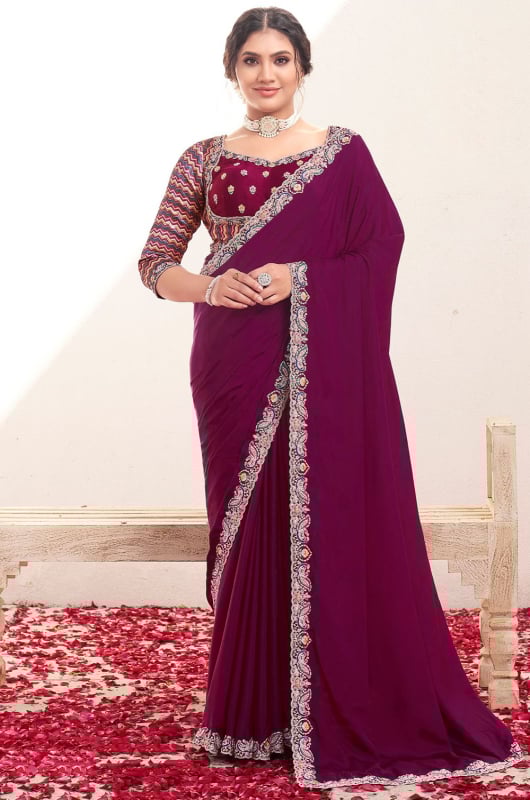 Wine Embroidered Pure Crepe Silk Saree