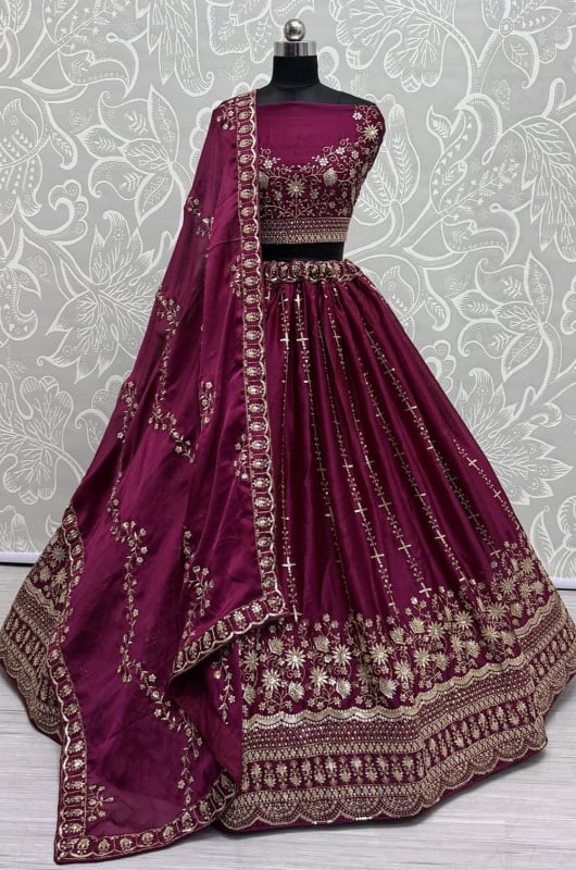 Wine Embroidered Satin Chiffon Lehenga Choli