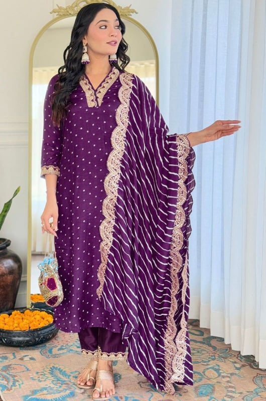 Wine Embroidered Silk Readymade Pant Kameez