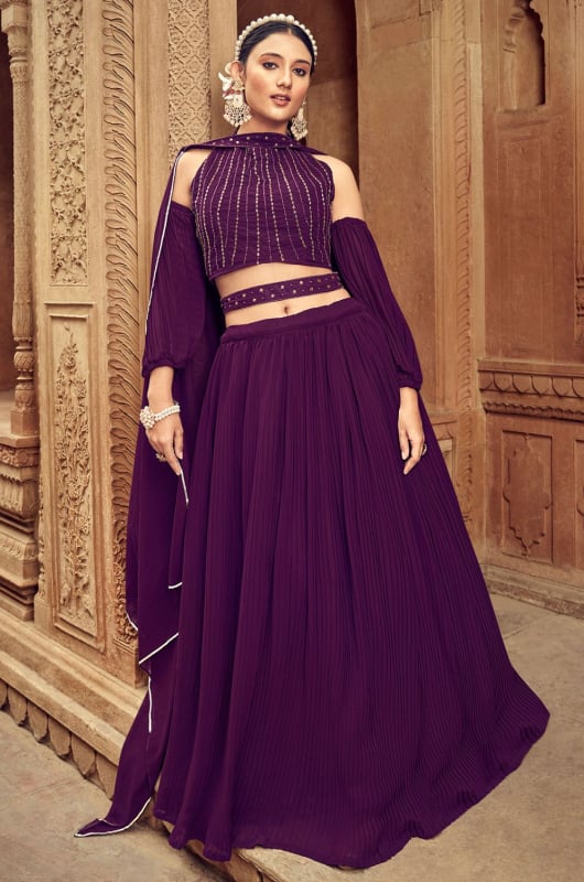 Wine Faux Georgette Lehenga Choli for Ceremonial