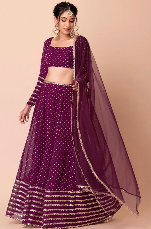 Wine Georgette Embroidered Lehenga Choli Set