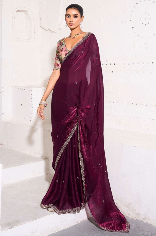 Wine Gold Crush Tissue Party Wear Saree