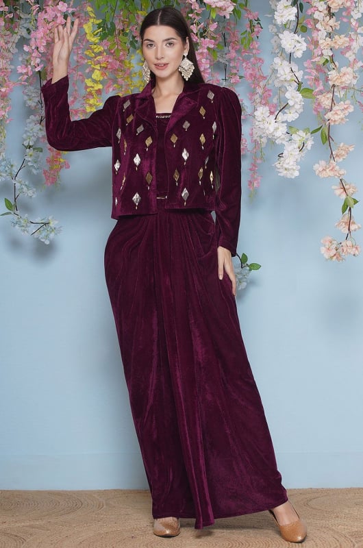Wine Hand Embellished Jacket with skirt