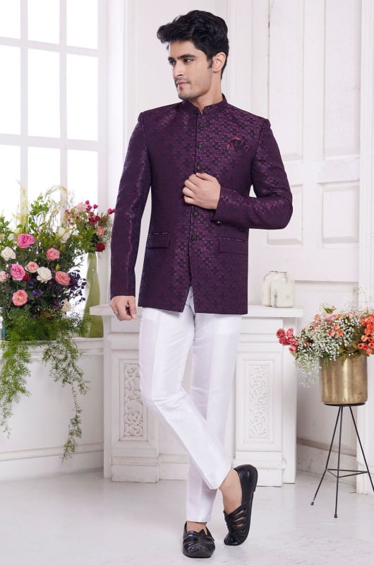 Wine Jacquard Silk Jodhpuri Blazer