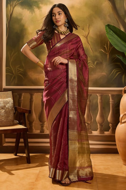 Wine Khadi Organza Woven Jacquard Saree