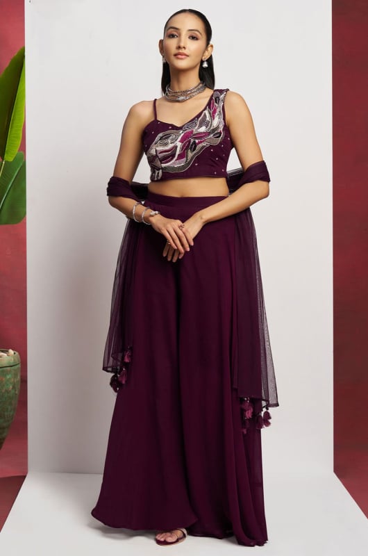 Wine Khatli Work Georgette IndoWestern
