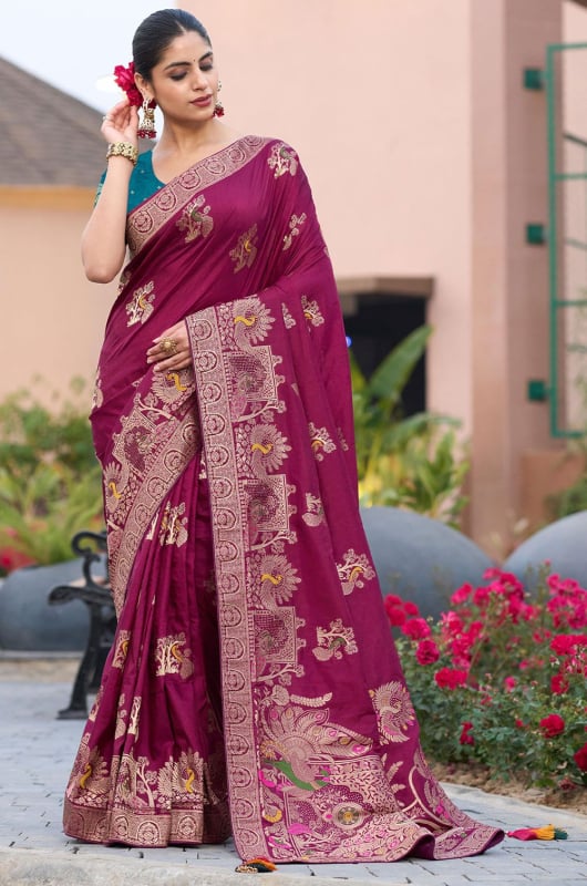 Wine Meenakari Weaving Pure Dola Silk Saree