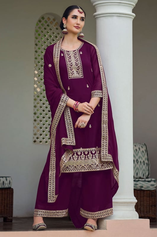 Wine Real Georgette Heavy Embroidered Palazzo Kameez Suit