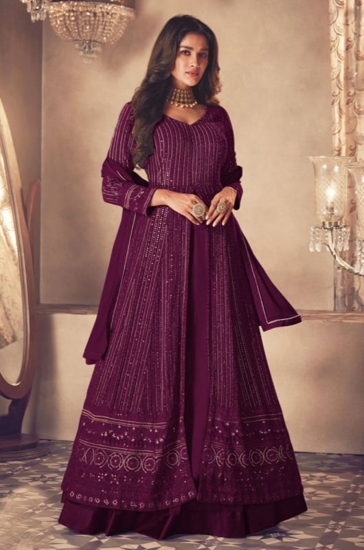 Wine Resham Embroidered Georgette Lehenga Kameez