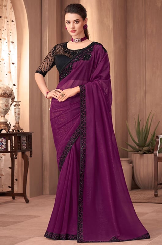 Wine Silk Saree with Embroidered Blouse for Wedding