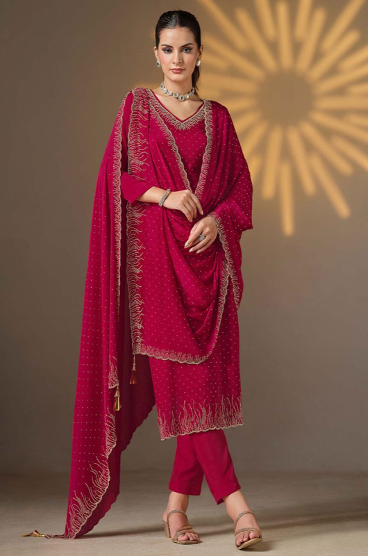 Wine Swarovski Embellished Satin Chiffon Pant Kameez