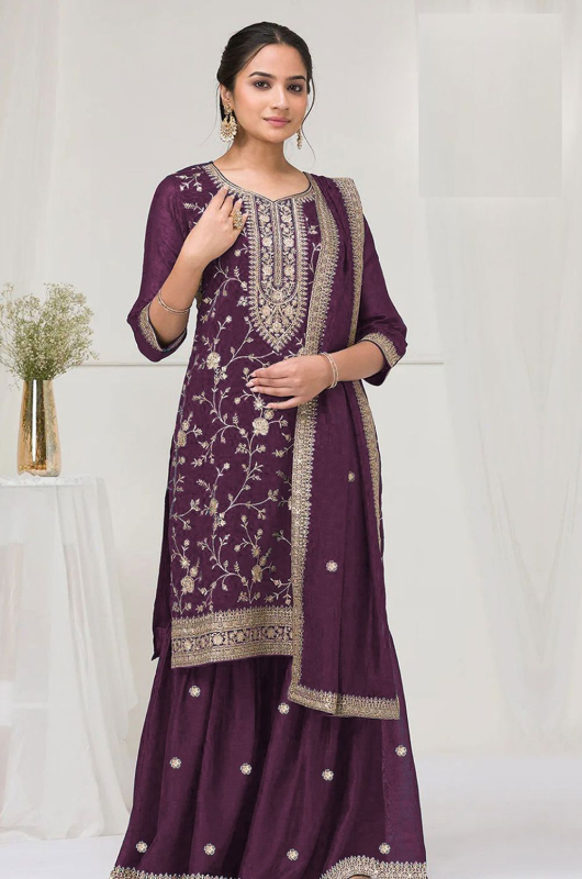 Wine Vichitra Silk Designer Palazzo Kameez Suit
