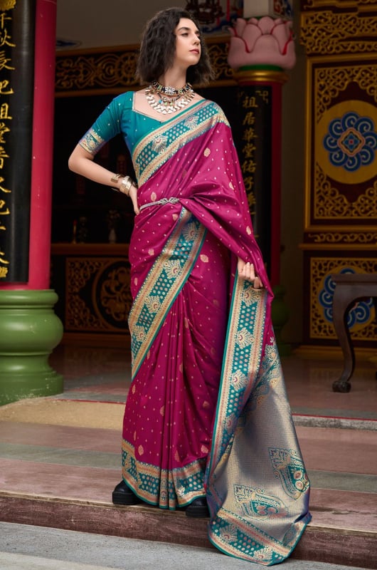 Wine Zari Weaving Banarasi Silk Saree