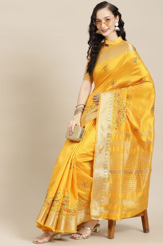 Yellow Assam Cotton Silk Thread Embroidery Work Party Wear Saree