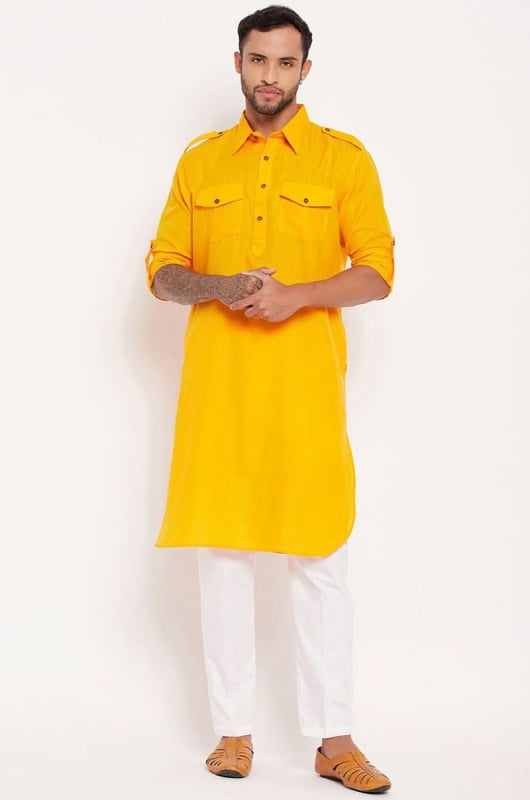 Yellow Cotton Blend Pathani Kurta Set