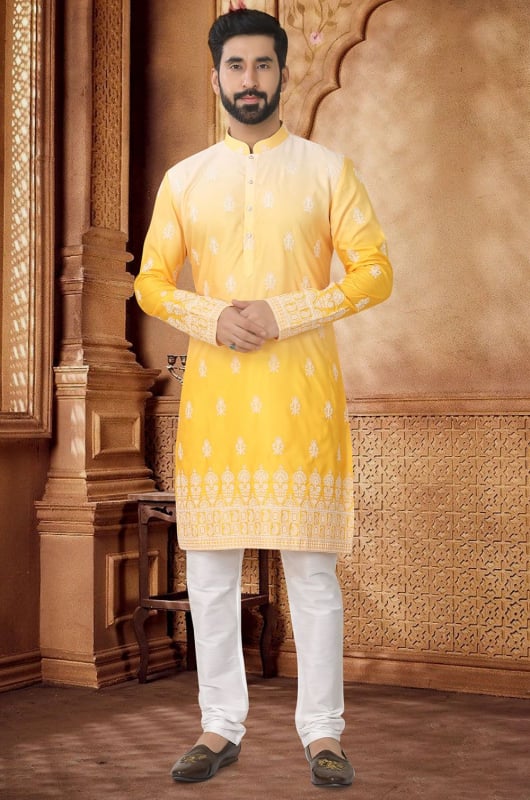 Yellow Cotton Kurta Pyjama Set for Festival