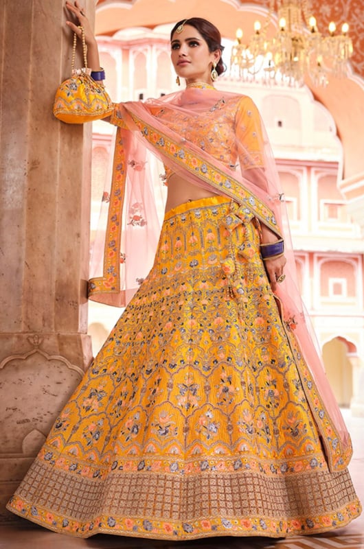 Yellow Embroidered Crepe Lehenga Choli for Wedding