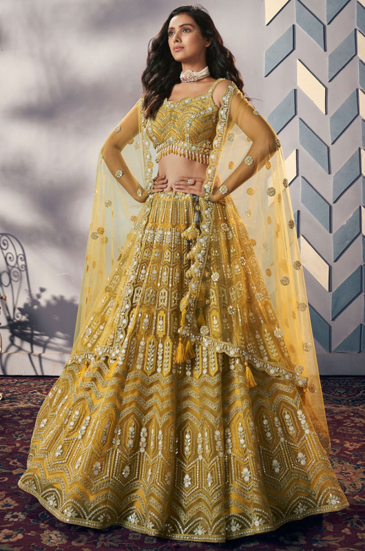 Yellow Heavy Net Designer Lehenga Choli Set
