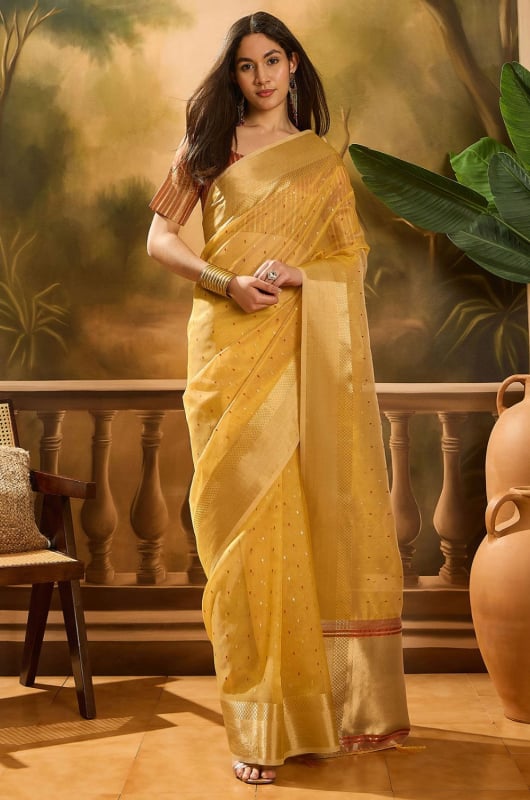 Yellow Khadi Organza Woven Jacquard Saree