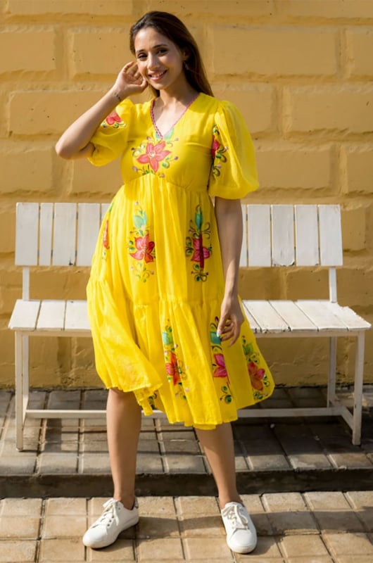 Yellow Kota Checks Digital Printed Kurti