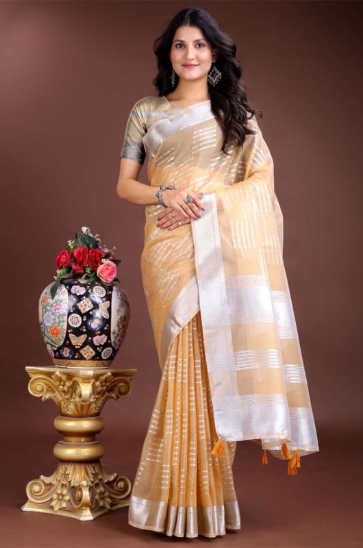 Yellow Organza Woven Saree