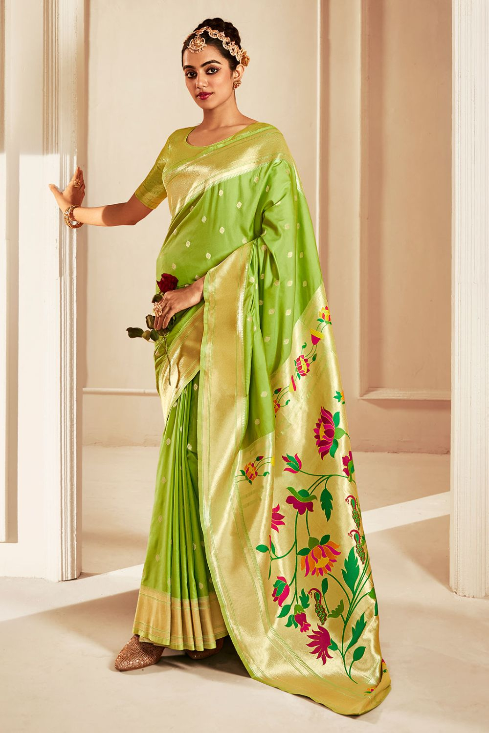 Parrot Green Paithani Saree With Zari Weaving Work | Silk sarees, Parrot  green saree, Saree
