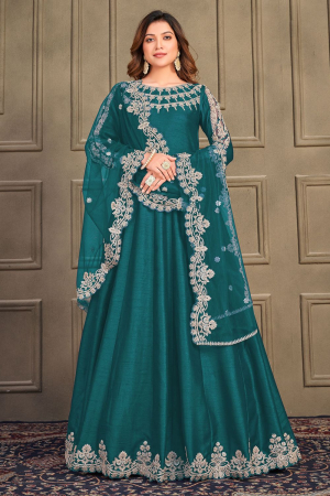 Peacock Green Embroidered Art Silk Anarkali Suit