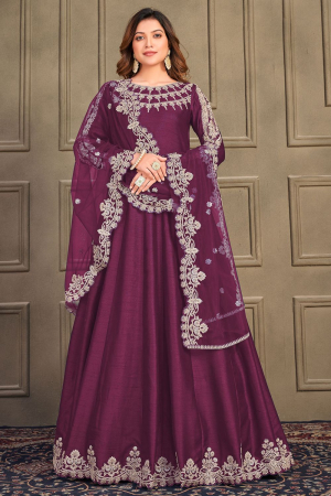 Burgundy Embroidered Art Silk Anarkali Suit