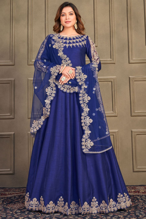 Royal Blue Embroidered Art Silk Anarkali Suit