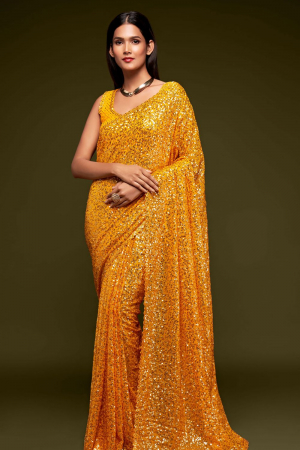Golden Yellow Sequined Georgette Designer Saree