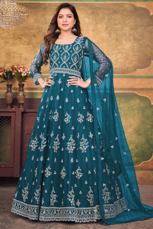 Peacock Blue Embroidered Net Anarkali Dress