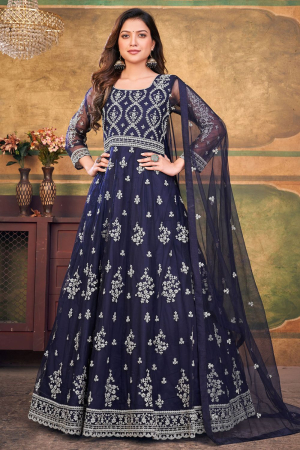 Midnight Blue Embroidered Net Anarkali Dress