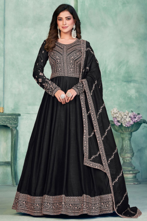 Black Embroidered Art Silk Anarkali Dress