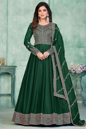 Bottle Green Embroidered Art Silk Anarkali Dress