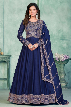Navy Blue Embroidered Art Silk Anarkali Dress