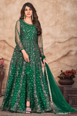Emerald Green Embroidered Net Pant Kameez