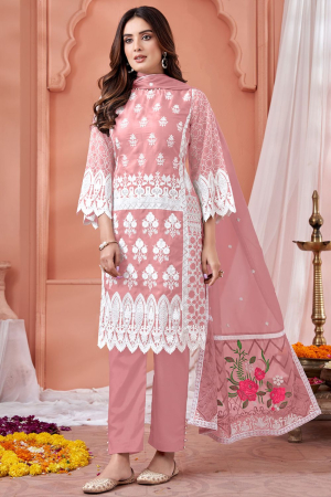 Coral Pink Embroidered Organza Pant Kameez
