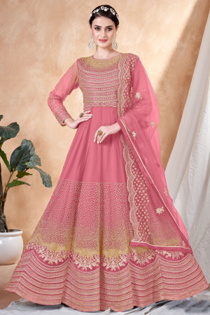 Coral Pink Embroidered Net Anarkali Dress