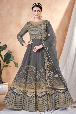 Dusty Slate Grey Embroidered Net Anarkali Dress