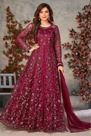 Maroon Embroidered Net Pant Kameez