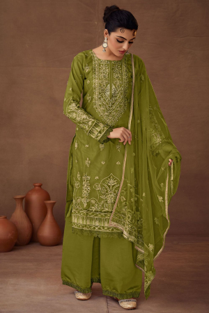 Olive Green Embroidered Organza Palazzo Kameez