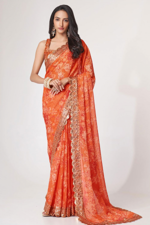 Tangy Orange Sequins Embroidered Organza Saree