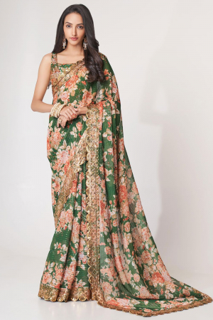 Forest Green Sequins Embroidered Organza Saree