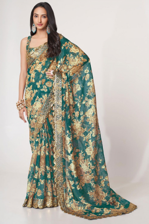 Teal Green Sequins Embroidered Organza Saree