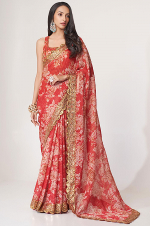 Hot Red Sequins Embroidered Organza Saree