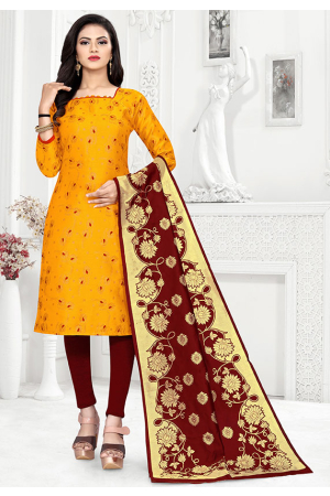 Yellow Banarasi Silk Churidar Kameez
