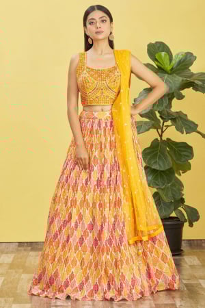 Golden Yellow Organza Designer Lehenga Choli Set