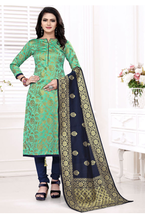 Turquoise Banarasi Silk Churidar Kameez