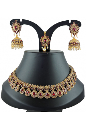 Maroon Stones Studded Gold Plated Necklace Set