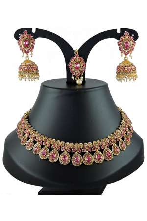 Pink Stones Studded Gold Plated Necklace Set